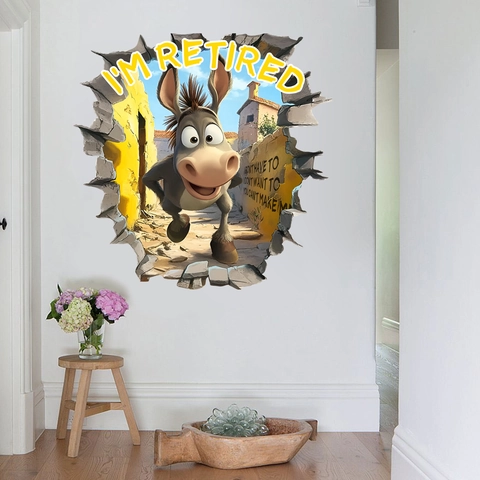 3D Gebrochene Wand Cartoon Esel Wandaufkleber I'M RETIRED Lustiger Humorvoller Tier PVC Selbstklebend Vinyl Dekor Haus Wanddeko