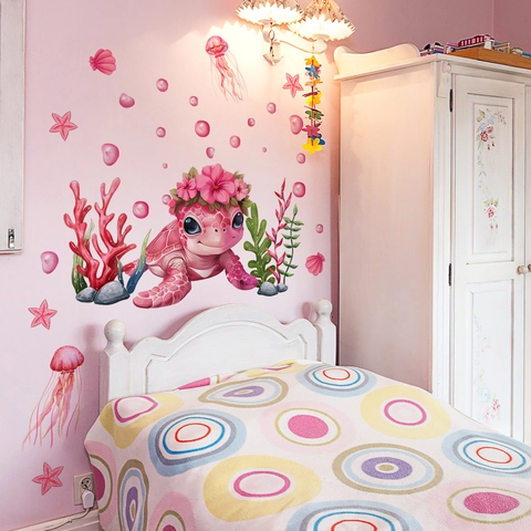 Adesivi Murali Tartaruga Marina Cartone Animato Mondo Sottomarino PVC Autoadesivo Removibile Decorazione Cameretta Bambini