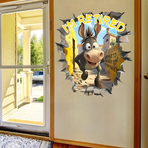 3D Gebrochene Wand Cartoon Esel Wandaufkleber I'M RETIRED Lustiger Humorvoller Tier PVC Selbstklebend Vinyl Dekor Haus Wanddeko