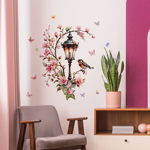 Stickers Muraux Fleur Rose Réverbère Vintage PVC Imperméable Amovible Décoration Oiseau Papillon Coloré Maison