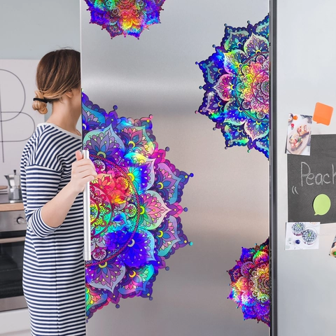 Pegatinas De Pared De Mandala Flor Material Láser Holográfico Gradiente Colorido Autoadhesivo Impermeable PVC Decoración