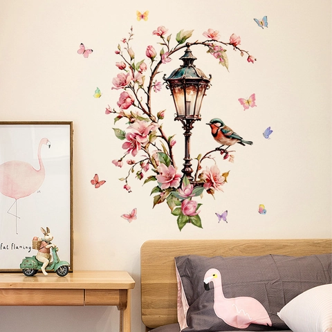 Stickers Muraux Fleur Rose Réverbère Vintage PVC Imperméable Amovible Décoration Oiseau Papillon Coloré Maison