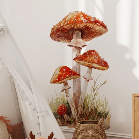 Wall Stickers PVC Removable Self Adhesive Watercolor Hand Drawn Mushroom Pattern For Kids Room Nursery Bedroom Decor