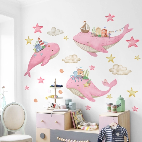 Autocollants Muraux Baleine Rose PVC Imperméable Autocollant Aquarelle Nautique Phare Étoiles Pour Chambre D'enfant