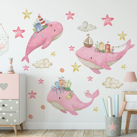 Autocollants Muraux Baleine Rose PVC Imperméable Autocollant Aquarelle Nautique Phare Étoiles Pour Chambre D'enfant