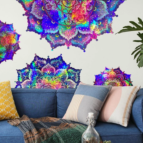 Pegatinas De Pared De Mandala Flor Material Láser Holográfico Gradiente Colorido Autoadhesivo Impermeable PVC Decoración