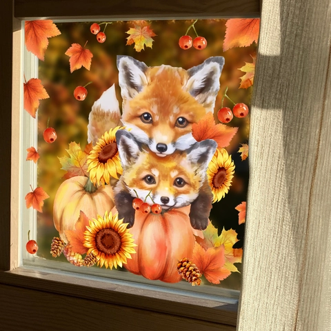 Pegatinas Ventana Otoño Decoración Acuarela Zorro Calabaza Girasol Hoja Arce Doble Cara Estática PVC Calcomanías