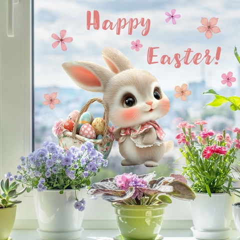 Ostern Cartoon Hase Ei Floral Fensteraufkleber Doppelseitig Statische Haftung PVC Glas Dekoration Für Feiertag Home