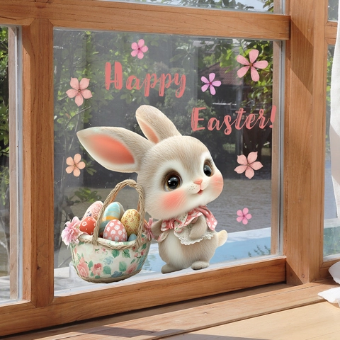 Ostern Cartoon Hase Ei Floral Fensteraufkleber Doppelseitig Statische Haftung PVC Glas Dekoration Für Feiertag Home