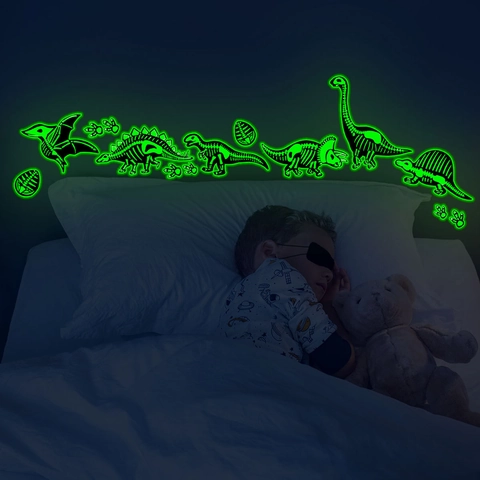 Pegatinas de Pared de Esqueleto de Dinosaurio que Brillan en la Oscuridad Calcomanías de PVC Fluorescentes para Dormitorio Infantil Huellas de Dinosaurio Huevos Autoadhesivos
