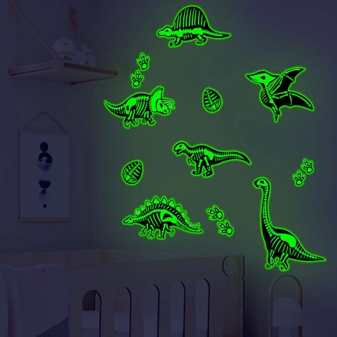 Pegatinas de Pared de Esqueleto de Dinosaurio que Brillan en la Oscuridad Calcomanías de PVC Fluorescentes para Dormitorio Infantil Huellas de Dinosaurio Huevos Autoadhesivos