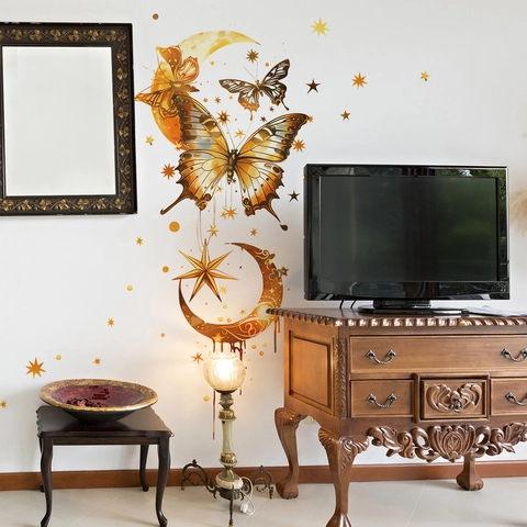Sticker Mural Papillon Lune Étoile Or Créatif Amovible en PVC pour Chambre Salon Décoration Maison Papier Peint Artistique