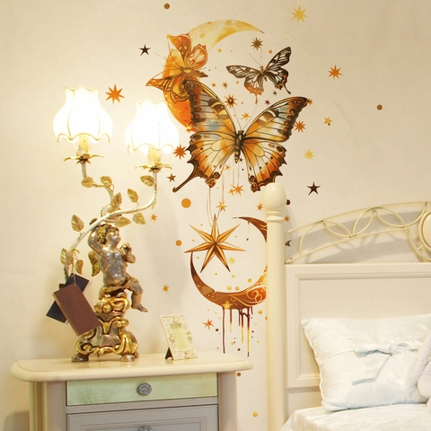 Sticker Mural Papillon Lune Étoile Or Créatif Amovible en PVC pour Chambre Salon Décoration Maison Papier Peint Artistique