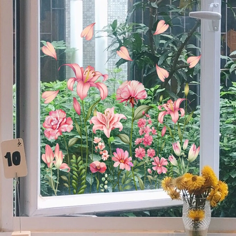 Pink Floral Window Cling Stickers Static Adsorption Double Sided Flower Glass Decals For Home Office Decorative PVC Film