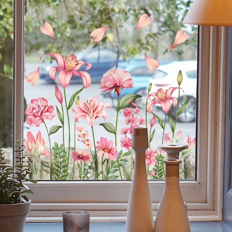 Pink Floral Window Cling Stickers Static Adsorption Double Sided Flower Glass Decals For Home Office Decorative PVC Film