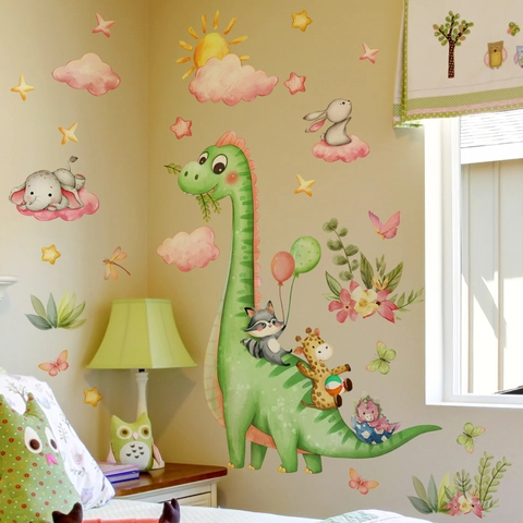 Stickers Muraux Dinosaure Éléphant Aquarelle PVC Imperméable Autocollant Décor Amovible Pour Chambre D'enfant