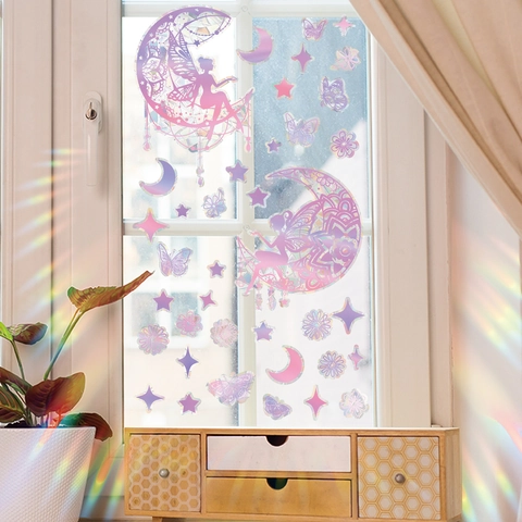 Holographic Iridescent Window Privacy Film Fairy Moon Stars Butterflies Rainbow Effect Static Cling Glass Decoration Sticker Set