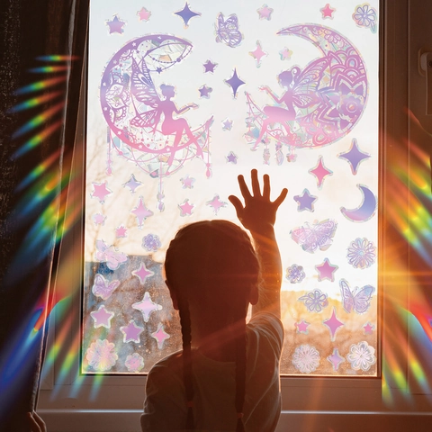 Holographic Iridescent Window Privacy Film Fairy Moon Stars Butterflies Rainbow Effect Static Cling Glass Decoration Sticker Set