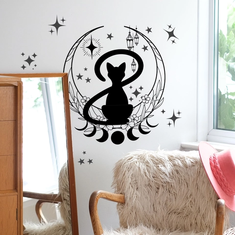 Wall Sticker PVC Black Cat Moon Phases Stars Flowers Self Adhesive Removable Mystical Bohemian Home Decor Silhouette Art