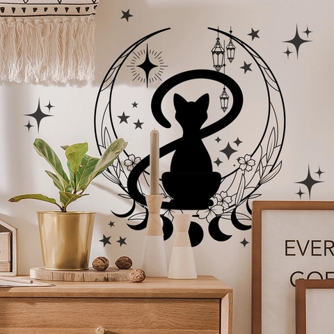 Wall Sticker PVC Black Cat Moon Phases Stars Flowers Self Adhesive Removable Mystical Bohemian Home Decor Silhouette Art