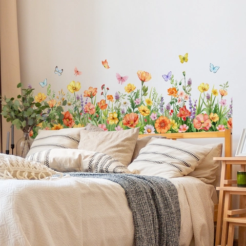 Autocollant Mural Floral PVC Imperméable Amovible Papillon Libellule Aquarelle Décalcomanies Pour Salon Chambre Décoration