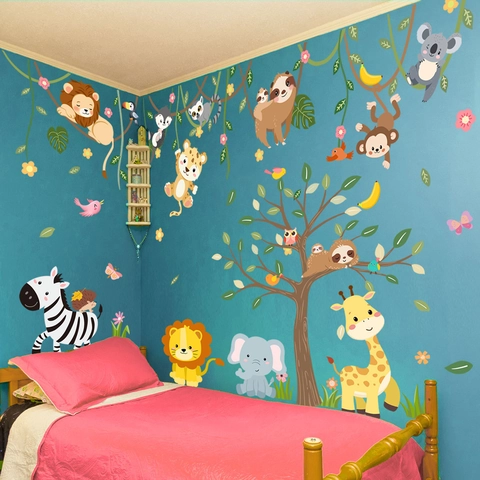 Cartoon Dschungel Tiere Wandtattoo PVC Wasserdicht Selbstklebend Kinderzimmer Dekoration Löwe Giraffe Elefant