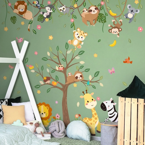 Cartoon Dschungel Tiere Wandtattoo PVC Wasserdicht Selbstklebend Kinderzimmer Dekoration Löwe Giraffe Elefant