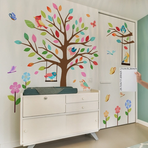 Wandtattoo Bunter Baum Vögel Blumen PVC Selbstklebend Kinderzimmer Kindergarten Dekor Cartoon Stil