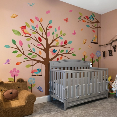 Wandtattoo Bunter Baum Vögel Blumen PVC Selbstklebend Kinderzimmer Kindergarten Dekor Cartoon Stil