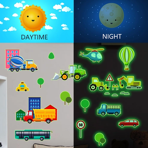 Glow In The Dark Engineering Vehicles Wall Sticker Kids Room Luminous PVC Excavator Truck Car Wall Decal Home Decor