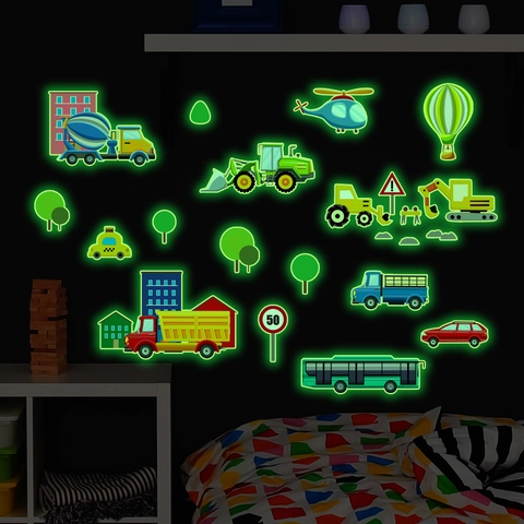 Glow In The Dark Engineering Vehicles Wall Sticker Kids Room Luminous PVC Excavator Truck Car Wall Decal Home Decor