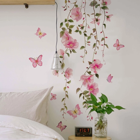 Pink Flower Vine Wall Sticker Watercolor Butterfly PVC Self Adhesive Removable Decal For Bedroom Living Room Decor