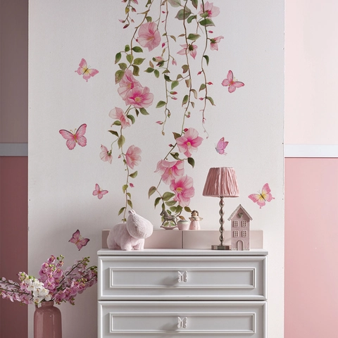 Pink Flower Vine Wall Sticker Watercolor Butterfly PVC Self Adhesive Removable Decal For Bedroom Living Room Decor