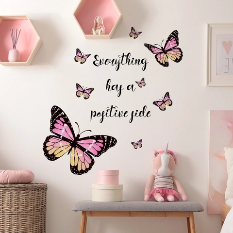 Sticker Mural Papillon Citation Inspirante Décalcomanie en PVC Amovible Everything Has A Positive Side Décoration Pour Chambre