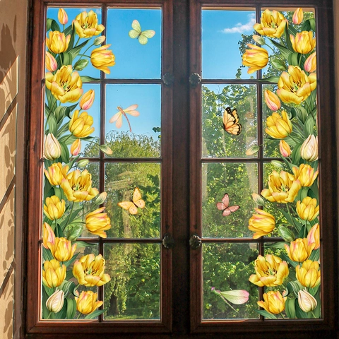 Yellow Tulip Butterfly Window Stickers Double Sided PVC Self Adhesive Floral Wall Decals For Living Room Glass Decor