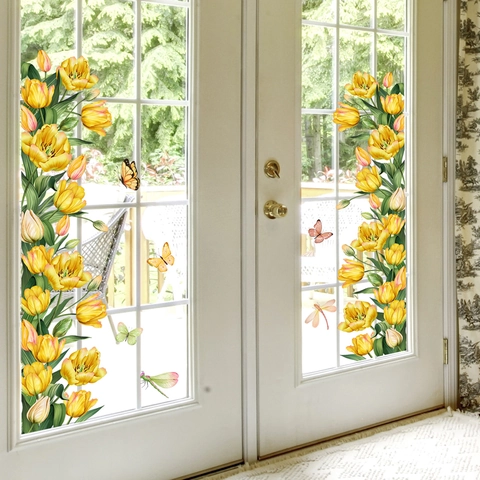 Yellow Tulip Butterfly Window Stickers Double Sided PVC Self Adhesive Floral Wall Decals For Living Room Glass Decor