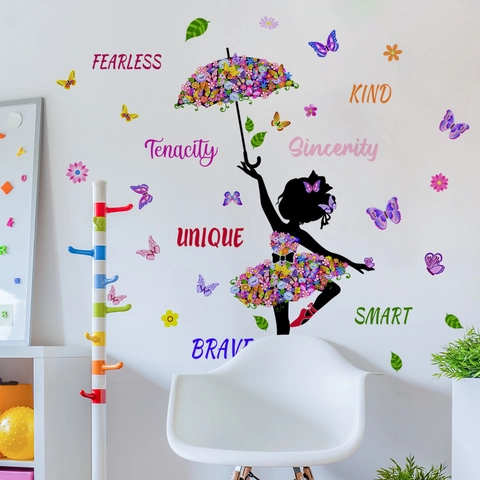 Stickers Muraux Fille Qui Danse PVC Autocollant Papillons Fleurs Citations Inspirantes Pour Décoration Chambre Enfant