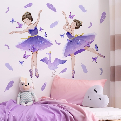 Cartoon Ballet Girl Wall Sticker Purple Butterfly Feather PVC Removable Self Adhesive Wall Decal For Kids Bedroom Home Decor
