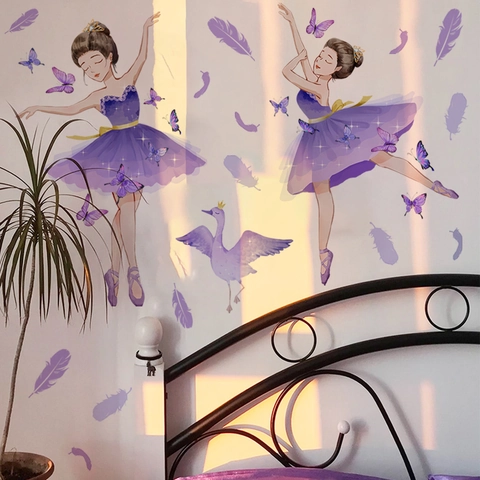 Purple Ballet Girl Wall Decal Butterfly Feather Swan PVC Self-Adhesive Sticker Kids Bedroom Dreamy Decor