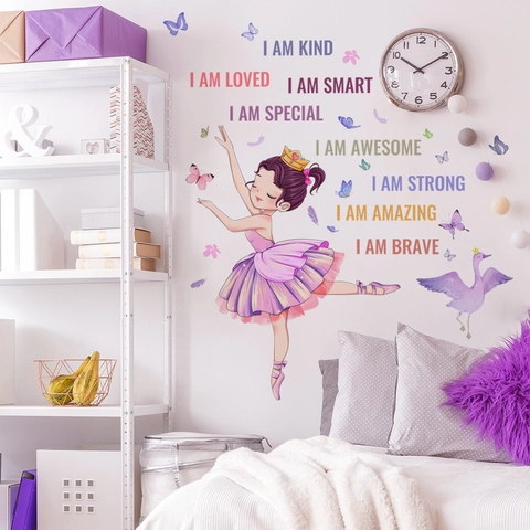 Ballerina Mädchen Wandaufkleber PVC Selbstklebend Abnehmbar Aquarell Schmetterlinge Schwäne Inspirierende Zitate Deko Für Mädchen Kinderzimmer