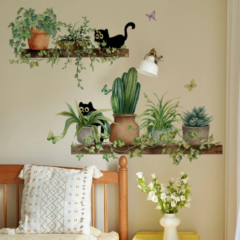 Pegatinas De Pared Plantas En Maceta Y Gatos Negros PVC Impermeable Extraíble Papel Tapiz Autoadhesivo Para Sala Dormitorio