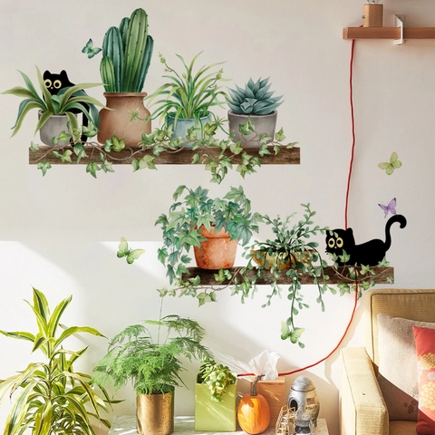 Pegatinas De Pared Plantas En Maceta Y Gatos Negros PVC Impermeable Extraíble Papel Tapiz Autoadhesivo Para Sala Dormitorio