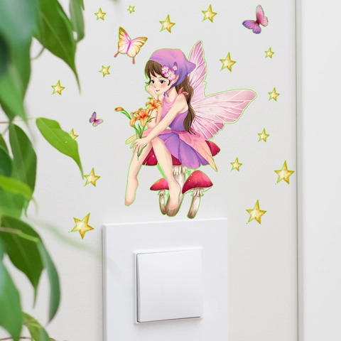 Pegatinas Luminosas Interruptor Hada Elfo Dibujos Animados Brillo En La Oscuridad PVC Calcomanías Pared Niños Estrella