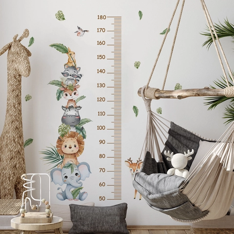 Animaux Dessin Animé Autocollant Mural Croissance PVC Mesure Hauteur Décalcomanie Pour Chambre Enfant Aquarelle Adhésif