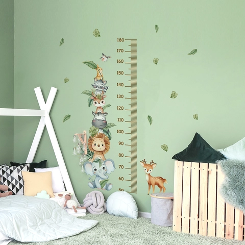Animaux Dessin Animé Autocollant Mural Croissance PVC Mesure Hauteur Décalcomanie Pour Chambre Enfant Aquarelle Adhésif