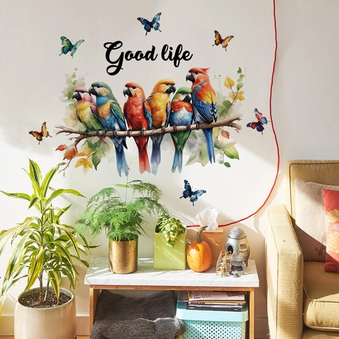 Colorful Parrot Butterfly Watercolor Wall Sticker Self Adhesive PVC Quote Door Decal For Living Room Bedroom Home Decor