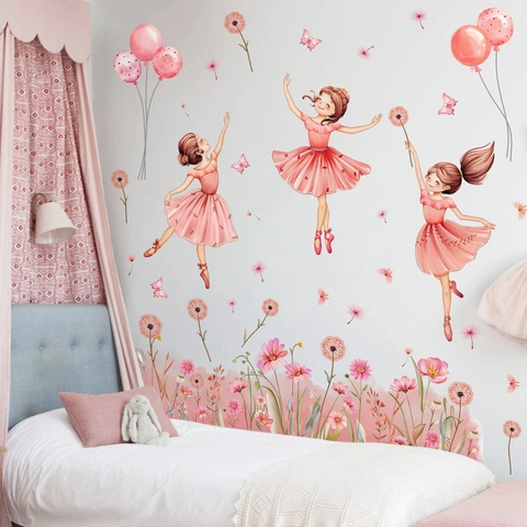 Cartoon Ballet Girl Wall Sticker PVC Watercolor Floral Butterfly Decal For Kids Bedroom Nursery Decor Removable Home Art