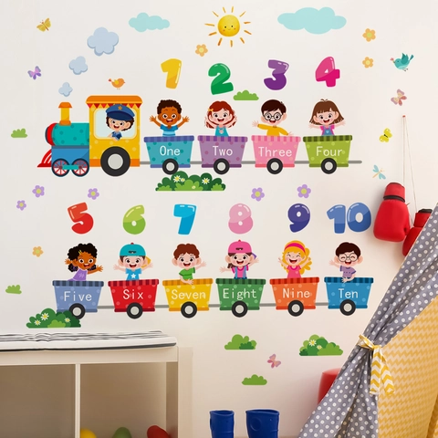 Stickers Muraux Train Chiffres Dessin Animé PVC Éducatifs Mots Décalcomanies Pour Chambre Enfants Maternelle Classe Décoratif