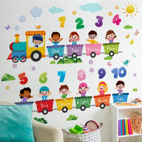 Stickers Muraux Train Chiffres Dessin Animé PVC Éducatifs Mots Décalcomanies Pour Chambre Enfants Maternelle Classe Décoratif