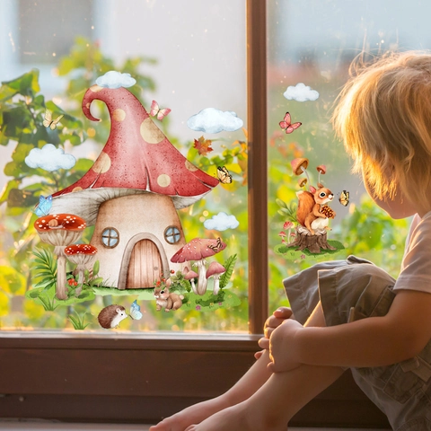 Cartoon Forest Animal Mushroom House Window Stickers Double Sided Static Cling PVC Decals Kids Room Nursery Decor